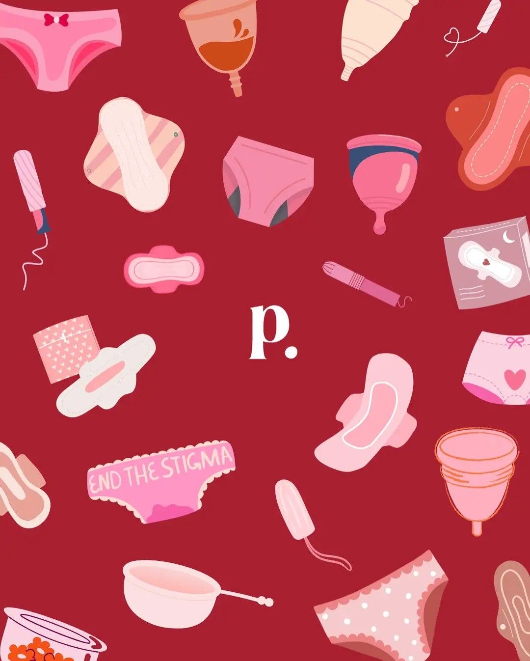 Illustrated pattern of period products on a deep red background